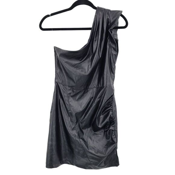 Entro Vegan Faux Leather One Shoulder Mini Dress M Black Ruffle Sexy Cocktail - Picture 12 of 12